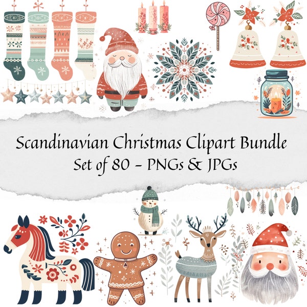 Scandinavian Christmas Clipart Bundle - Set of 80, Nordic clipart, Folk Art Christmas, Christmas PNG,  Winter PNGs, Boho Christmas Clipart