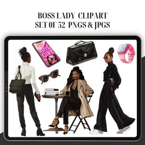 Black Lady Boss Clipart - Set von 52, Office Girl Clipart, schwarze Frauen Clipart, Planer Clipart, African American, Herbst Lady Boss, Herbst png