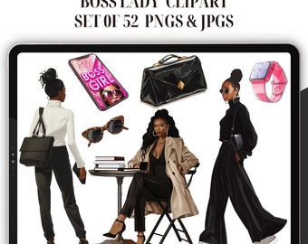 Czarna Pani Szefowa Clipart - Zestaw 52, Biurowa Dziewczyna Clipart, Czarne Kobiety Clipart, Planner Clipart, Afroamerykanka, Jesienna Pani Szefowa, jesień png