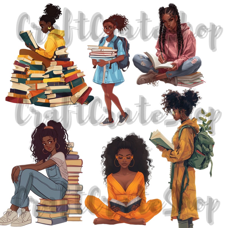 May include: Six illustrations of Black women reading books. The women are wearing different outfits and have different hairstyles. Some are sitting on stacks of books, while others are standing. All of the women are smiling and appear to be enjoying reading.