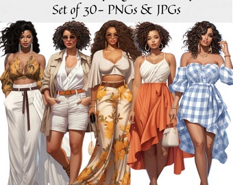 May include: Five women wearing different spring outfits. The women are all wearing different styles of clothing, including a white crop top with floral trousers, a white tank top with a white skirt, a white button-down shirt with white shorts, a white off-the-shoulder dress with a blue and white checked pattern, and a yellow halter top with white trousers.