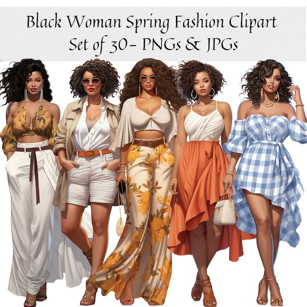 Black Girl Chic Fashion Doll Clipart - Set of 30, Lady Boss clipart, Black Women Clipart, Planner Clipart, Spring fashion PNG,Summer Fashion