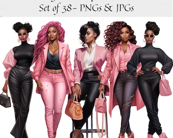 Black Lady Boss Clipart - Set of 38, Office Girl Clipart, Black Woman Clipart, Planner Clipart, Pink Fashion PNG for Sticker/Planner/Print