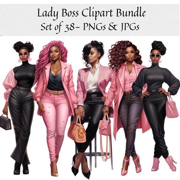 Black Lady Boss Clipart - Set of 38, Office Girl Clipart, Black Woman Clipart, Planner Clipart, Pink Fashion PNG for Sticker/Planner/Print