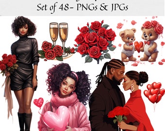 Black Woman Clipart - Set of 48 Valentine's Day, Valentines Girl, Romantic Couple, Love Couple Clipart, Black Girl Clipart, African American