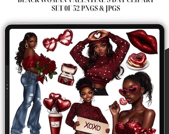 Black Woman Valentine Day Clipart - Set of 52, Valentine Girl PNG, love clipart, black woman clipart, Love Planner Clipart, African American