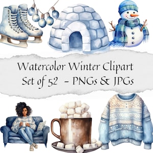 Aquarel Winter Clipart - Set van 52 | Sneeuwpop, winterbos, winter-PNG's, sneeuwvlokillustraties en nog veel meer, commercieel gebruik