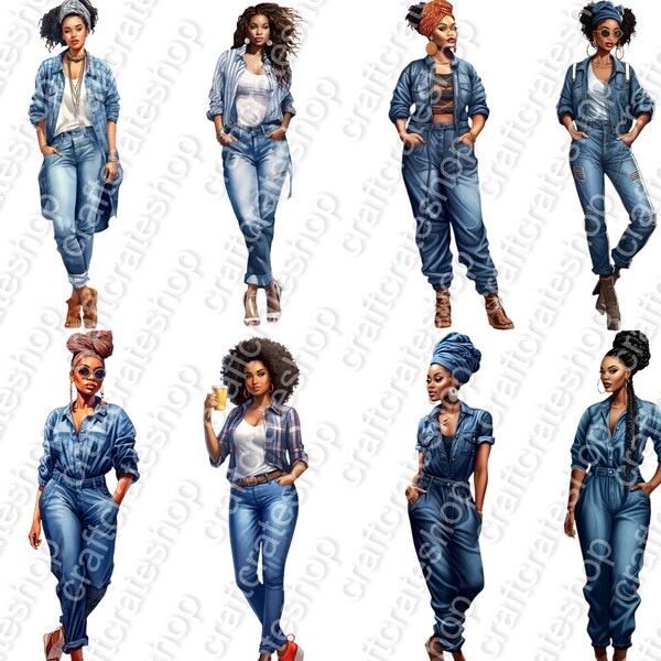 Black Girl Fashion Doll Clipart - Ensemble de 40, Denim girl clipart, Black Women Clipart, Fashion Girl PNG Autocollant/Planificateur/Impression/POD