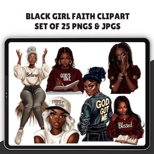 Croyants Black Girls Clipart - lot de 25, Clipart magique spirituel femme noire, planificateur d'autocollants, Clipart femmes noires, Png religieux, foi