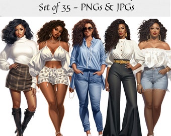 Black Girl Chic Fashion Doll Clipart - Set of 35, girl clipart, Black Women Clipart, JPG, PNG for Sticker/Planner/Print/POD
