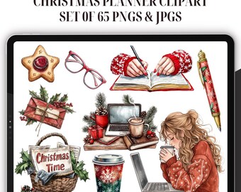 Clipart para Planejador de Natal - Conjunto de 68 imagens, Planejador Aconchegante em Aquarela, Planejador de Inverno, Clipart para Diário, PNG de inverno aconchegante, decoração de diário de inverno