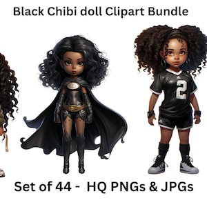 Chibi Dolls PNG Clipart - Set of 44, Children Clipart, Black Girl Doll PNG, Fashion Girl Clipart, Png for Sticker/Planner/Print/POD