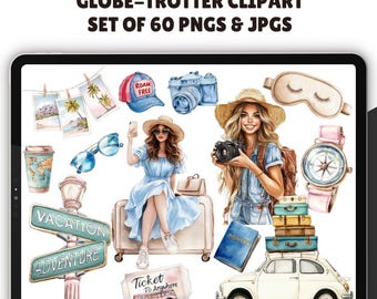 Watercolor Traveler Clipart - Set of 60, Wanderlust Traveler, Girls Travel, Summer Clipart, Travel PNG, Digital Stickers, Scrapbooking