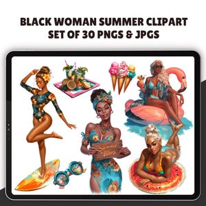 Black Woman Summer clipart - Set of 30, Beach Girls clipart, Swimwear girl clipart, Black Woman png, Summer Clipart, Beach time, Summer girl