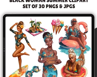 Black Woman Summer clipart - Set of 30, Beach Girls clipart, Swimwear girl clipart, Black Woman png, Summer Clipart, Beach time, Summer girl