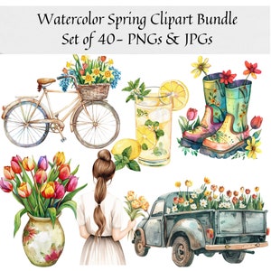 Watercolor Spring Clipart - Set of 40, Spring Floral Clipart, Spring Clipart, Spring PNG, Floral Truck, Boho Spring Png, spring season