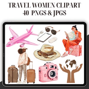 Reise Frauen Clipart - Set von 40, Urlaub Clipart, Sommerferien Clipart, Reise Clipart, Reise Vlogger, Sommer Reise, Reise Png