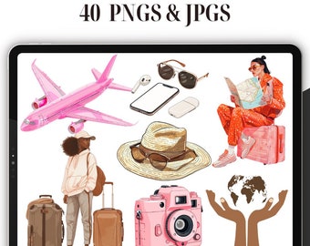 Travel Women Clipart - Set of 40, Vacation Clipart, Summer vacation clipart, Travel clipart, Travel vlogger, Summer Journey, travel Png
