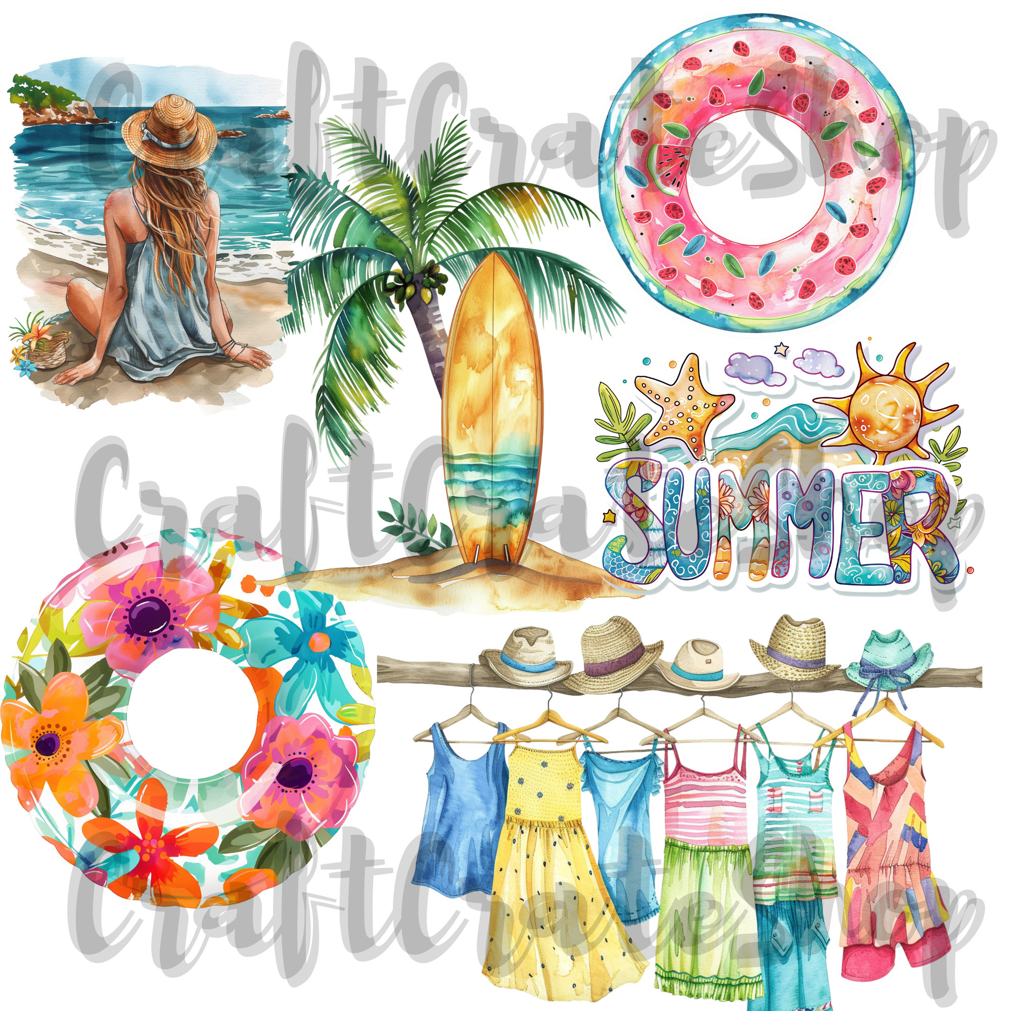 Watercolor Summer Clipart - Set of 44 Beach Day Png Sea Lover Holiday ...