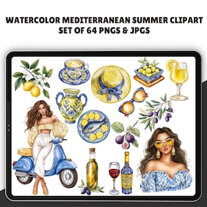 Clipart été méditerranéen aquarelle, 64 PNG, citrons, été côtier, Grèce, ambiance estivale, Junkjournal, autocollants numériques, clipart été