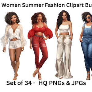 Black Girl Summer Chic Fashion Clipart - Set of 34, Summer fashion clipart, Black Women Clipart, JPG, PNG for Sticker/Planner/Print/POD