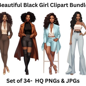 Beautiful Black Girl Clipart Bundle - Set of 34, Black Girl Success Clipart, Black Woman Clipart,Boss Girl PNG for Sticker/Planner/Print/POD