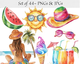 Aquarell Sommer Clipart - Set von 44 Strand Tag Png Meer Liebhaber Urlaub Clipart Strand PNG Boho Sommer Clipart Strand Clipart Reise Clipart