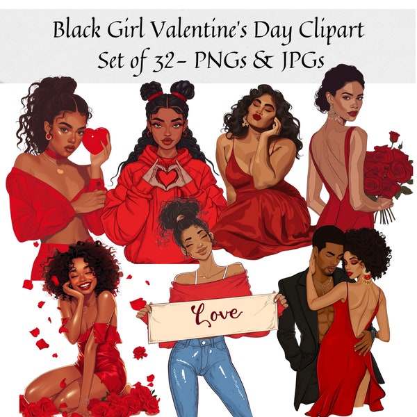 Black Girl Valentine Day Clipart - Set of 32, Valentine Girl PNGs, love clipart, black woman clipart, Love Planner Clipart, African American