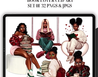 Book Lover Clipart - Set of 32, Black Woman Clipart, Books Clipart, Lady Boss Clipart, Black girl studying clipart, Bookworm clipart, Book