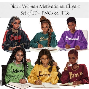Schwarze Frau motivierende Clipart - Set von 20, motivierende Boss Babe PNG, starke Afro Frau, Selbstliebe, Girl Power Clipart, Planer Clipart