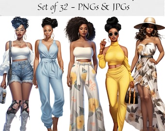 Op de afbeelding: Vijf illustraties van zwarte vrouwen in verschillende stijlvolle outfits. De vrouwen dragen verschillende kleding, waaronder een wit crop top en denim shorts, een blauwe jumpsuit, een wit crop top en een bloemenbroek, een geel crop top en broek, en een bloemenjurk.