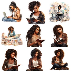 Black girl studying clipart - set of 55, Bookworm black girl clipart,digital paper craft, black girl magic clipart Sticker/Planner/Print/POD