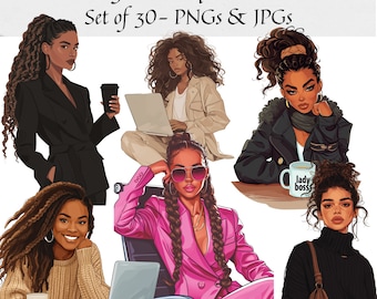 Black Women Clipart - Set of 30, Office Girl Clipart, Lady Boss PNG, Black Women Lady Boss Clipart, Planner Clipart PNG, Black Girl Clipart
