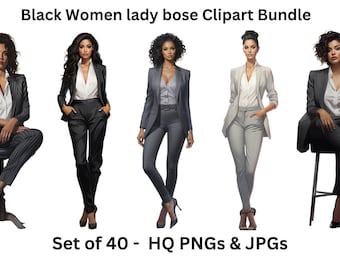 Black Lady Boss Clipart - Set of 40,Office Girl Clipart, Black Woman Clipart, Planner Clipart,Suit outfit, PNG for Sticker/Planner/Print/POD