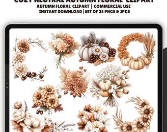 Cozy Neutral Autumn Floral Clipart, 25 png, Autumn Watercolor Flowers, Beige Autumnal Vibes, Hygge Autumn Clipart, Fall PNG, Commercial Use