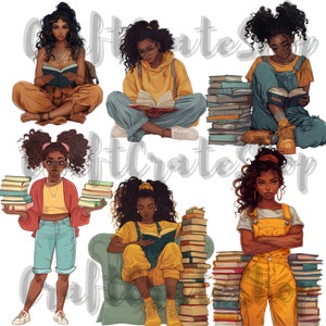 May include: Six illustrations of Black women reading books. Each woman is wearing different clothing and has a different hairstyle. Some of the women are sitting on chairs, while others are sitting on the floor. There are stacks of books in the background.