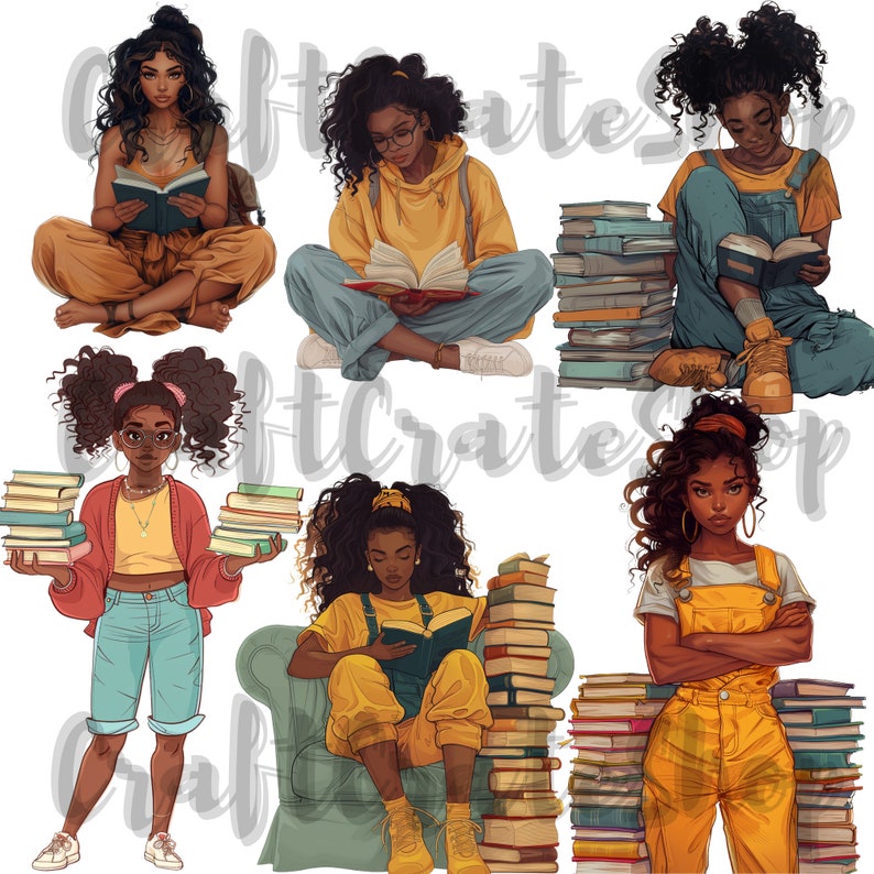 May include: Six illustrations of Black women reading books. Each woman is wearing different clothing and has a different hairstyle. Some of the women are sitting on chairs, while others are sitting on the floor. There are stacks of books in the background.