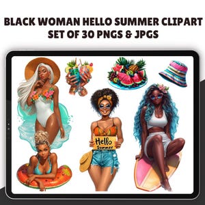 Summer girls clipart - Set of 30, Beach Girls clipart, Swimwear girl clipart, Black Woman Clipart, Summer Clipart, Beach time, Summer girl