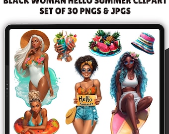 Summer girls clipart - Set of 30, Beach Girls clipart, Swimwear girl clipart, Black Woman Clipart, Summer Clipart, Beach time, Summer girl