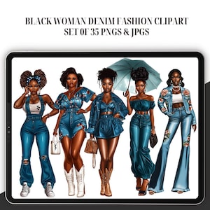 Denim Mädchen Clipart - Set von 35, Denim Clipart, schwarze Frauen Clipart, PNG Mode, PNG Mode Mädchen, Afroamerikaner Clipart