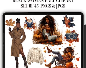 Black Woman Fall Clipart: Cozy Autumn PNG Set (45 Files)