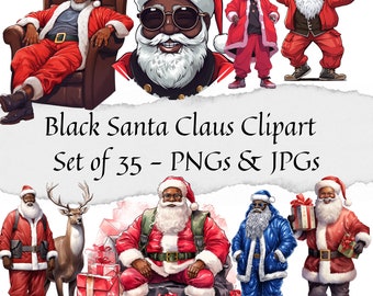 Black Santa Claus Clipart - Set of 35, African American Christmas PNG Bundle, Christmas PNGs for Stickers/Planner/Scrapbook/CardMaking/Print