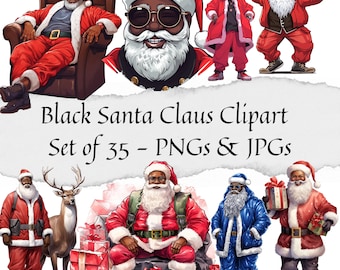 Black Santa Claus Clipart - Set of 35, African American Christmas PNG Bundle, Christmas PNGs for Stickers/Planner/Scrapbook/CardMaking/Print