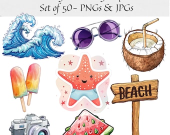 Sunny Beach Day Clipart Bundle - Set of 50, Cute Undersea, Vacation PNG, Seasonal Clip Art, Travel, Nursery Decor, Beach clipart, holiday