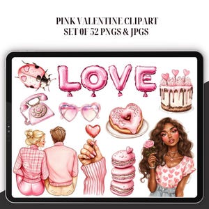 Pink Valentine Clipart - Set of 52, Watercolor valentines clipart, valentines day png, Love clipart, Sweet Valentine Clipart, Pink Clipart
