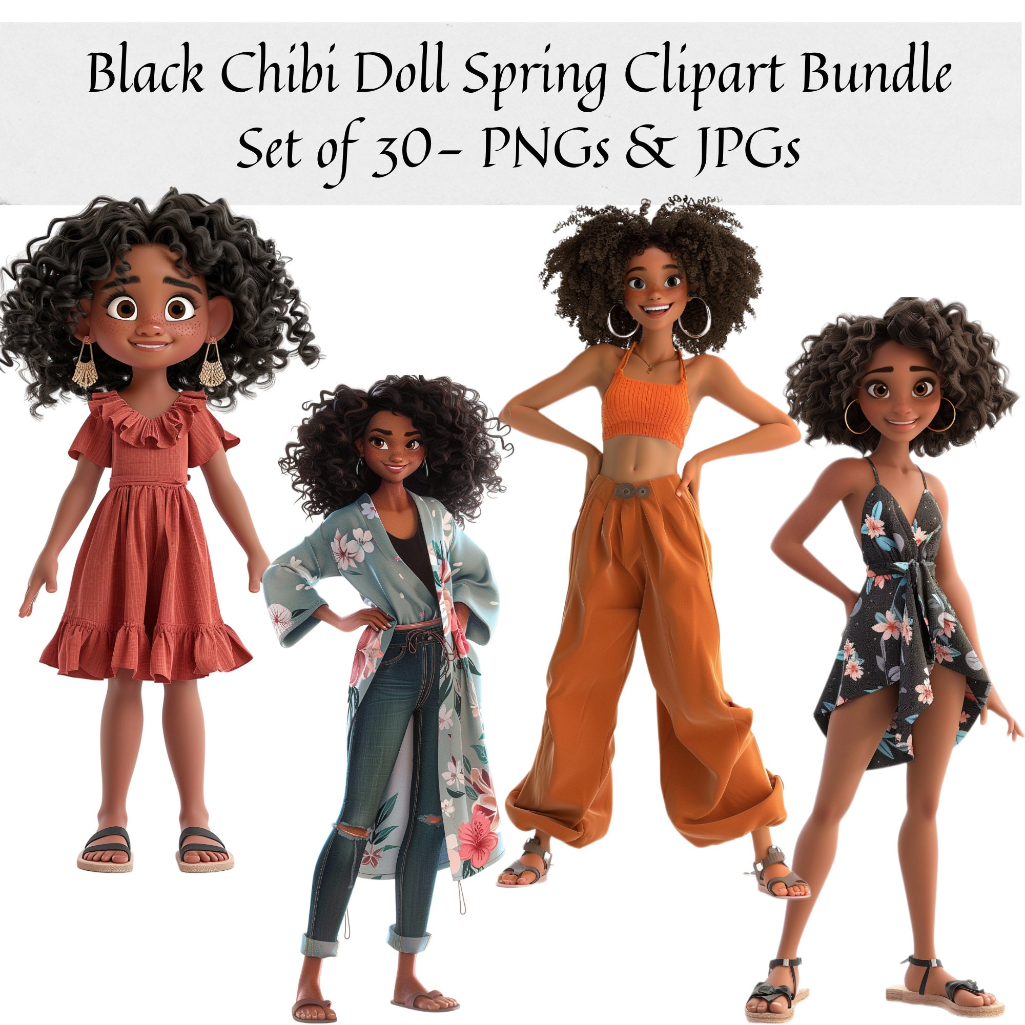 Spring Chibi Dolls Clipart - Set of 30, Black Girl Doll PNG, Fashion Girl Clipart, Black Women Clipart, Black Girl Clipart, Chibi Doll PNG