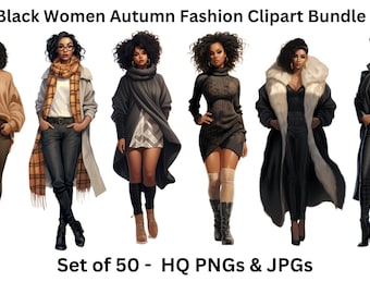 Black Girl Chic Fashion Doll Clipart - Set of 50, Autumn fashion clipart, Black Women Clipart, JPG, PNG for Sticker/Planner/Print/POD