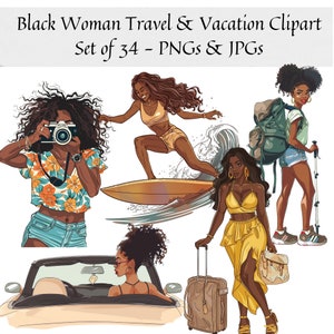 Black Woman Travel and Vacation Clipart - Set of 34, Black Woman Clipart, Summer vacation clipart, Travel clipart, Black Girl on Vacation