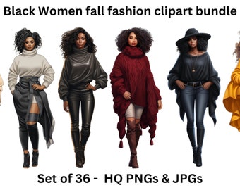 Black Girl Chic Fashion Doll Clipart - Set of 36, Autumn fashion clipart, Black Women Clipart,fall fashion PNG for Sticker/Planner/Print/POD