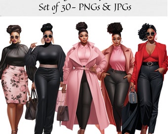 Black Lady Boss Clipart - Set of 30, Office Girl Clipart, Black Woman Clipart, Planner Clipart, Boss Lady PNG for Sticker/Planner/Journals